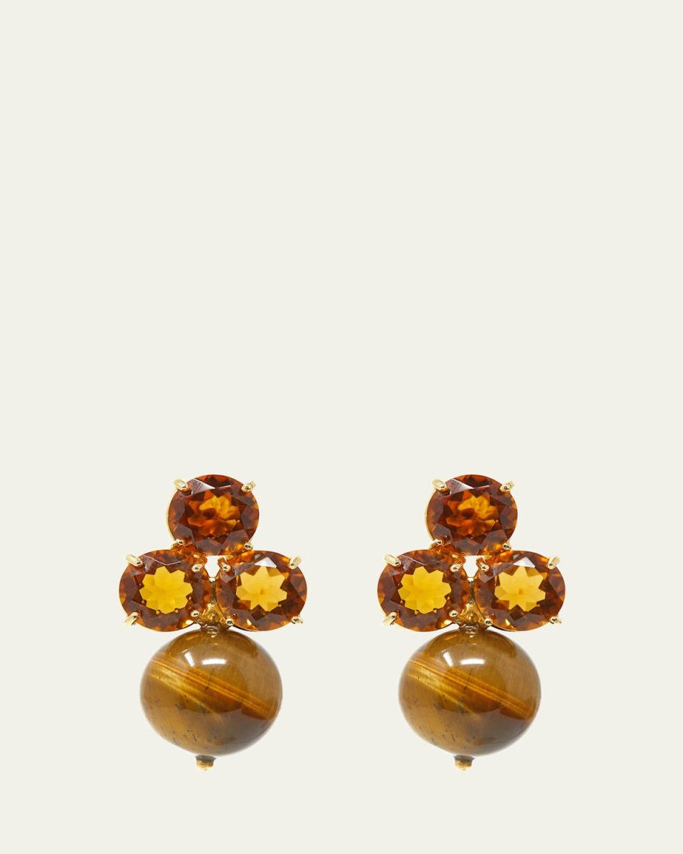 18K Yellow Gold Drop Earrings with Tris Citrine Quarts and Boule Tigers Eye